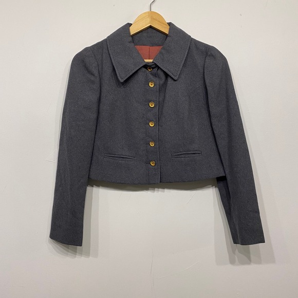 T. Jones Jackets & Blazers - Vintage T. Jones Grey‎ Wool Cropped Jacket Gold Crest Buttons Tailored Blazer
